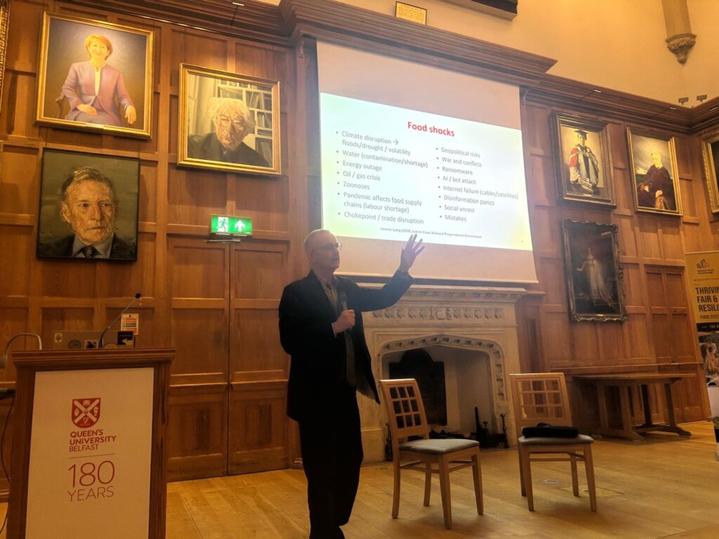 Professor Tim Lang presenting at Queen's University Belfast
